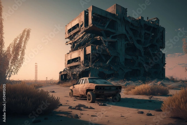 Fototapeta Post-apocalypse: The End of the World. Rusty car and terribly ruined landscape | Generative AI Production