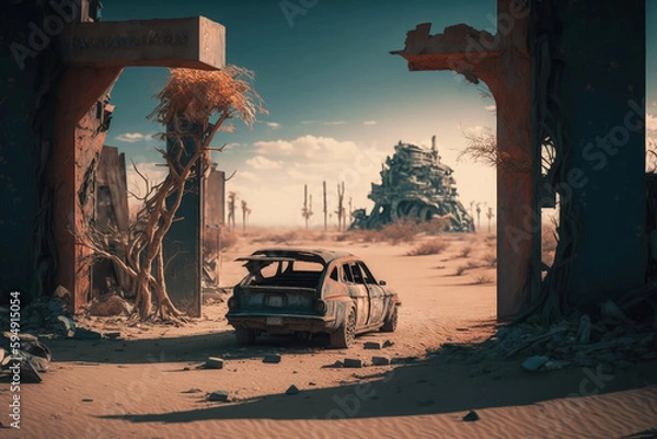Fototapeta Post-apocalypse: The End of the World. Rusty car and terribly ruined landscape | Generative AI Production
