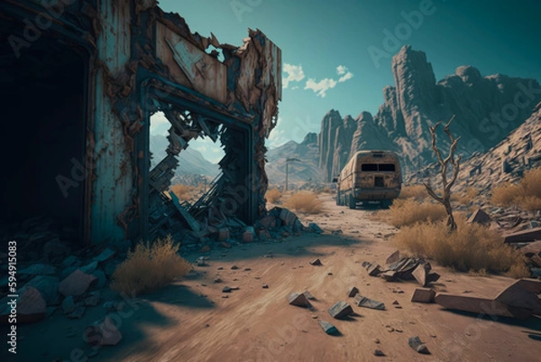 Fototapeta Post-apocalypse: The End of the World. The terribly ruined landscape | Generative AI Production