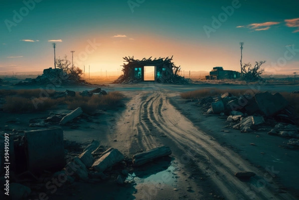 Fototapeta Post-apocalypse: The End of the World. The terribly ruined landscape | Generative AI Production