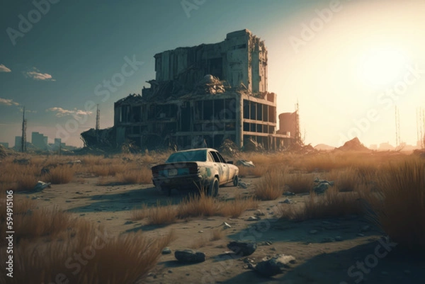 Fototapeta Post-apocalypse: The End of the World. Rusty car and terribly ruined landscape | Generative AI Production