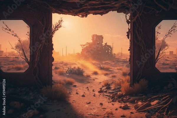 Fototapeta Post-apocalypse: The End of the World. The terribly ruined landscape | Generative AI Production