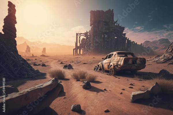 Fototapeta Post-apocalypse: The End of the World. Rusty car and terribly ruined landscape | Generative AI Production