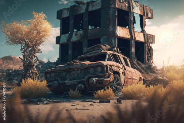 Fototapeta Post-apocalypse: The End of the World. Rusty car and terribly ruined landscape | Generative AI Production