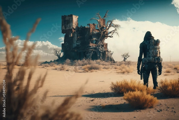 Fototapeta Post-apocalypse: The End of the World. The terribly ruined landscape with survivor | Generative AI Production