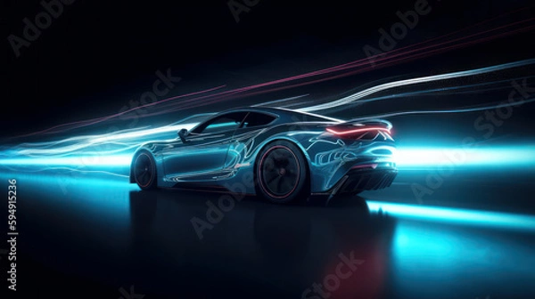 Fototapeta Futuristic Sports Car On Neon Highway. Powerful acceleration of a supercar with colorful lights trails. generative AI.