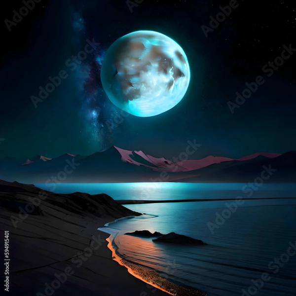 Fototapeta Moon over mountains in the night sky created with Generative AI technology