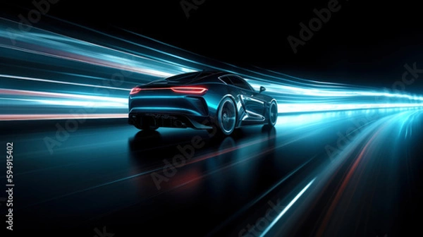 Fototapeta Futurystyczny samochód sportowy na neonowej autostradzie. Potężne przyspieszenie supersamochodu z kolorowymi światłami. generatywny AI.