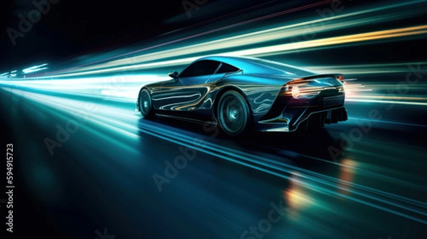 Fototapeta Futuristic Sports Car On Neon Highway. Powerful acceleration of a supercar with colorful lights trails. generative AI.