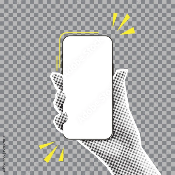 Obraz Mockup of smartphone in halftone hand. Vector illustration with hand holding phone with blank display isolated on checkered background. Paper cut out element for decoration of banners and posters.