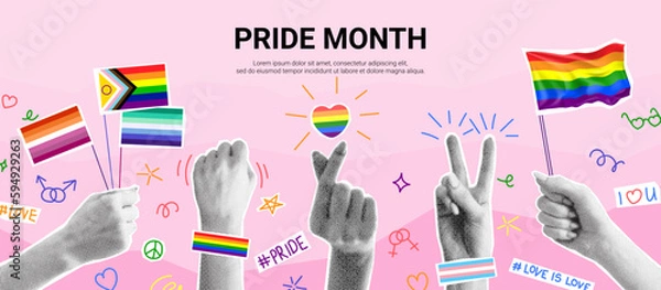 Obraz Pride Month collage concept. Vector illustration with halftone hands holding flags and shows different gestures. Collage with cut out paper elements for decoration of LGBT events.