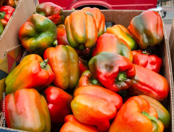 Obraz Red, green and yellow bell peppers in cardboard boxes on the counter. Close-up. Selling bell peppers at the vegetable market.