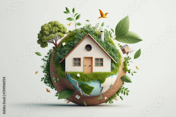 Fototapeta Eco friendly house with green environmental background. Generative Ai