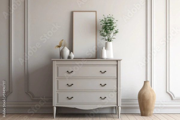 Fototapeta Interior in light colors with a chest of drawers and a picture frame on it. Mockup. Generative AI