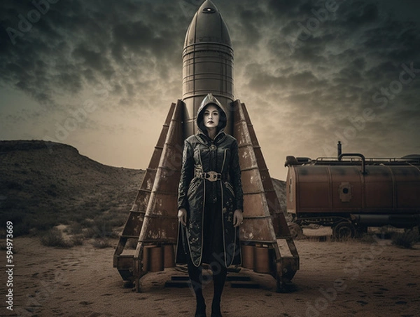 Fototapeta GENERATIVE AI creates vintage Daguerreotype of female astronaut posing by retro space rocket