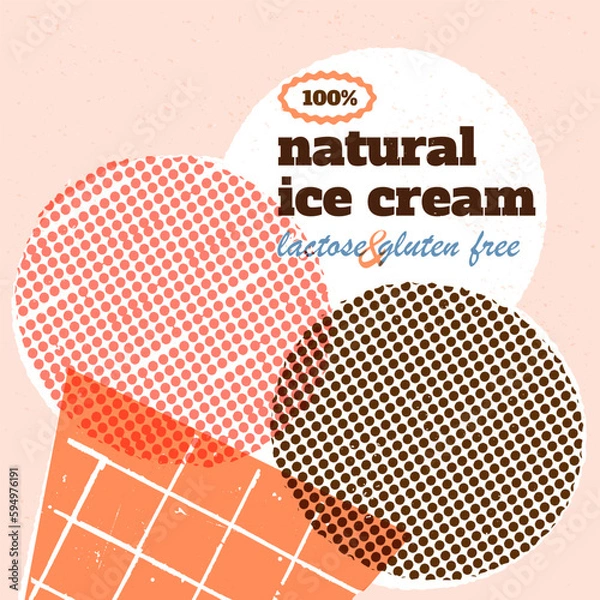Fototapeta Retro-style banner, card, flyer template. 3 scoops of Vanilla, chocolate and strawberry taste ice cream in a waffle cone