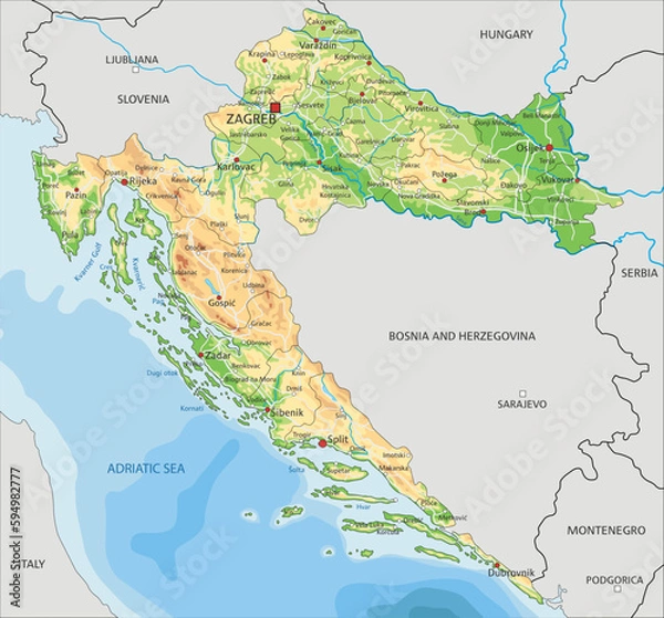 Fototapeta High detailed Croatia physical map with labeling.