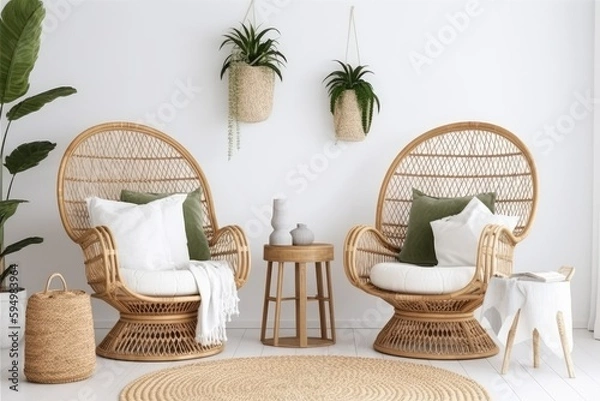 Fototapeta cozy living room decorated with wicker furniture and plants. Generative AI