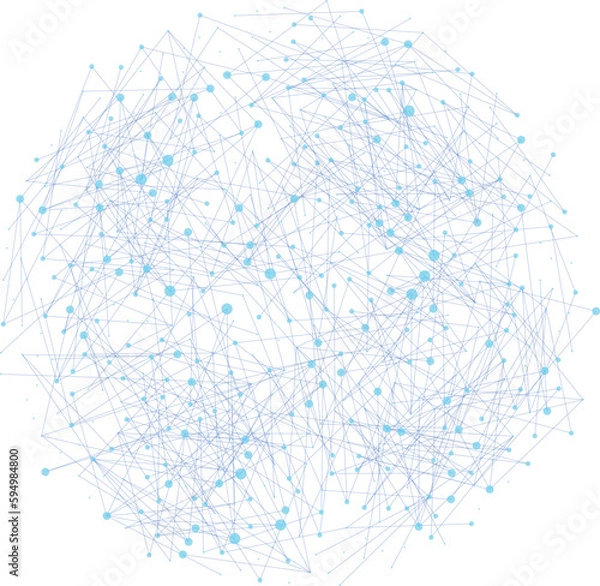 Fototapeta Abstract polygonal communication network, technology wireframe, connected blue  lines and greendots, globe model background 