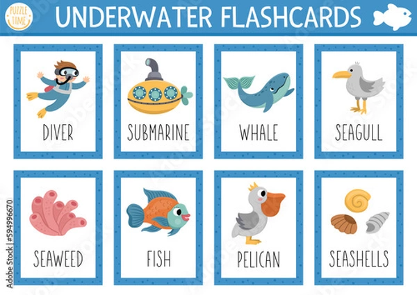 Fototapeta Vector flash cards set with water animals, diver, submarine. English language game with cute whale, pelican, shells for kids. Ocean life flashcards. Simple educational printable worksheet.