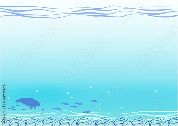Obraz Blue sea background. Silhouettes of a dugong and a school of young fish swimming over an eelgrass bed.
