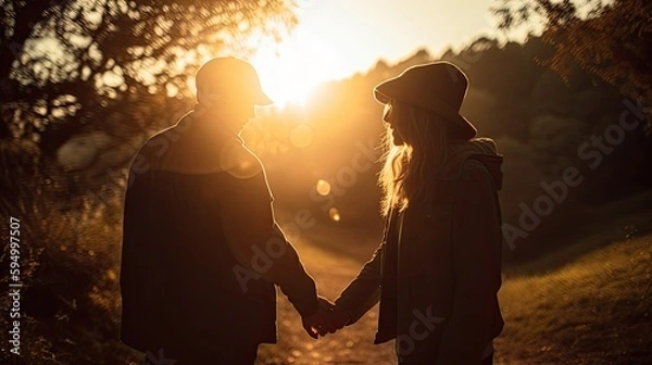 Obraz Two people in love holding hands together as they walk in nature with the sunset in the background, Generative AI