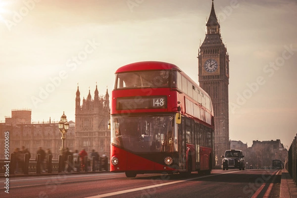Obraz Red London Bus on the Westminster Bridge and Big Ben Tower in the background.