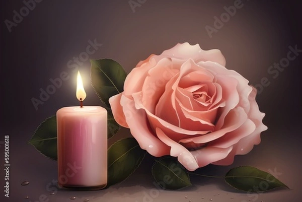 Obraz Beautiful Pink Rose With Candle Illustrated. Generative AI