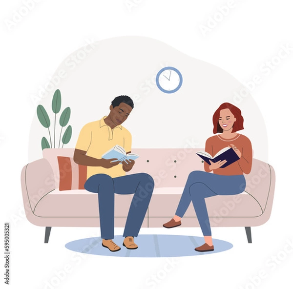 Fototapeta Man and woman sitting on the sofa  with books. Vector flat style illustration