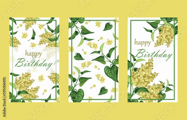 Fototapeta birthday card mockup or invitation card. Frame with text and flowers - white lilac with juicy green leaves