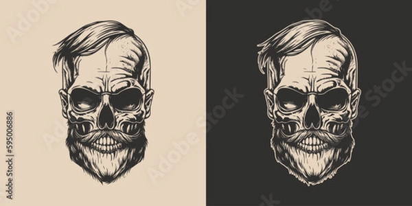 Fototapeta Set of vintage retro scary skull. Can be used like emblem, logo, badge, label. mark, poster or print. Monochrome Graphic Art. Vector. Hand drawn element in engraving