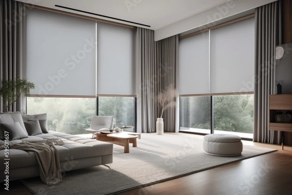 Obraz large window with automated blinds and curtains, providing privacy for the room, created with generative ai