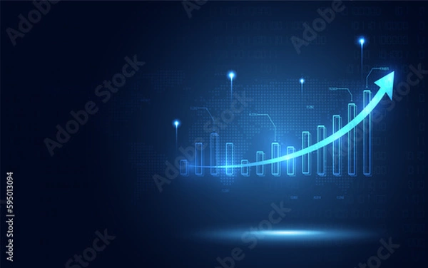 Fototapeta Futuristic raise arrow chart digital transformation abstract technology background. Big data and business growth currency stock and investment economy. Vector illustration