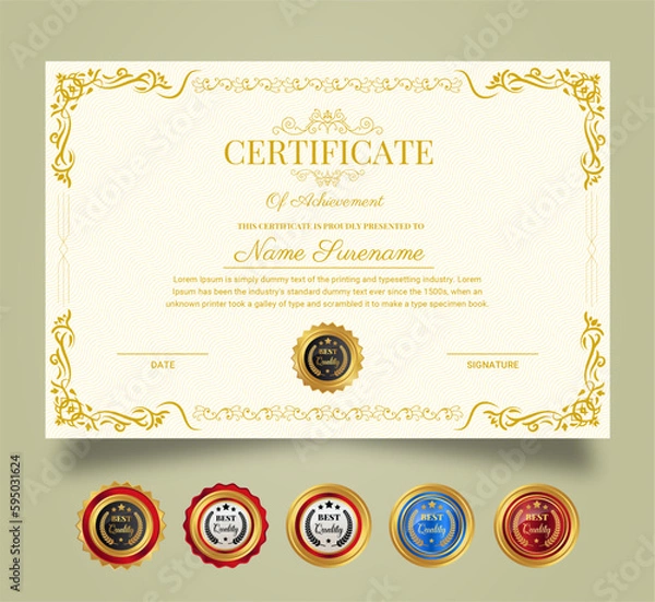 Fototapeta Certificate of Appreciation and Achievement template. Clean modern certificate with gold badge and modern curve line pattern. Diploma award design for business and education needs.