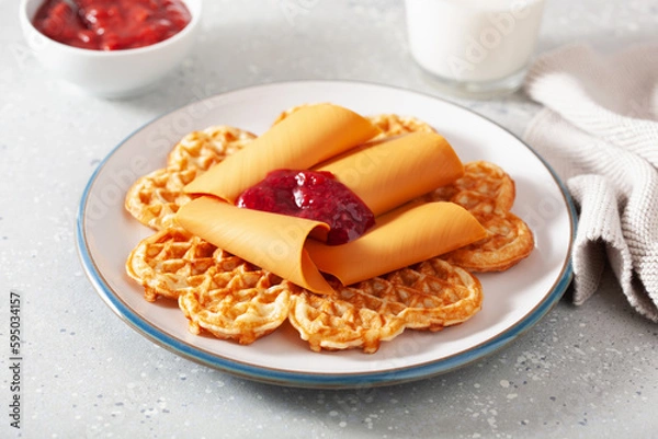 Fototapeta waffles with Norwegian brunost traditional brown cheese and raspberry jam