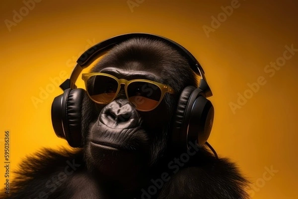 Fototapeta Cool gorilla wallpaper with headphones and sunglasses. Created with generative Ai technology