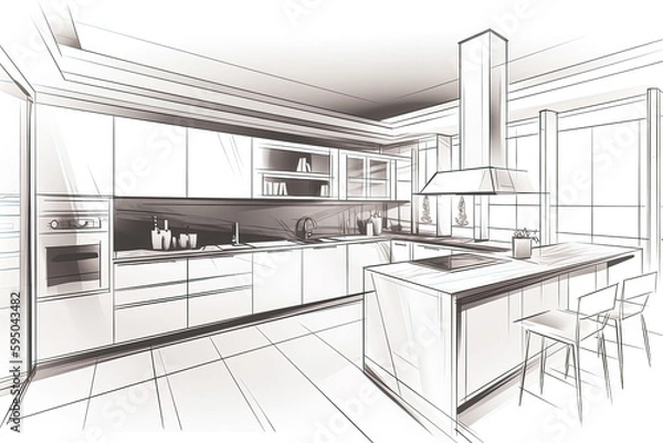 Obraz Pencil drawing of the interior of a kitchen. Modern kitchen floor plans with furniture floor plans. Generative AI
