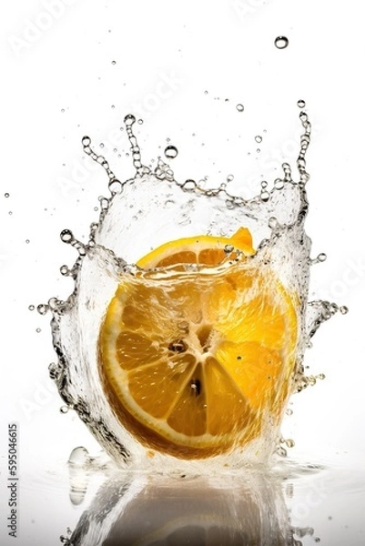 Fototapeta Lemon Sliced, Explosion, Splashing Water Everywhere! White Background, Generative AI