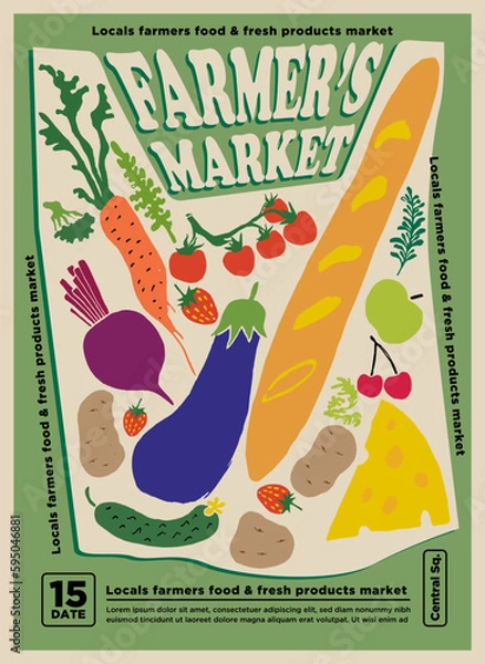 Fototapeta Farmers market or fair flyer or poster design template with hand drawn styled bag filled with farm eco products and vegetables on green background. Vector illustration