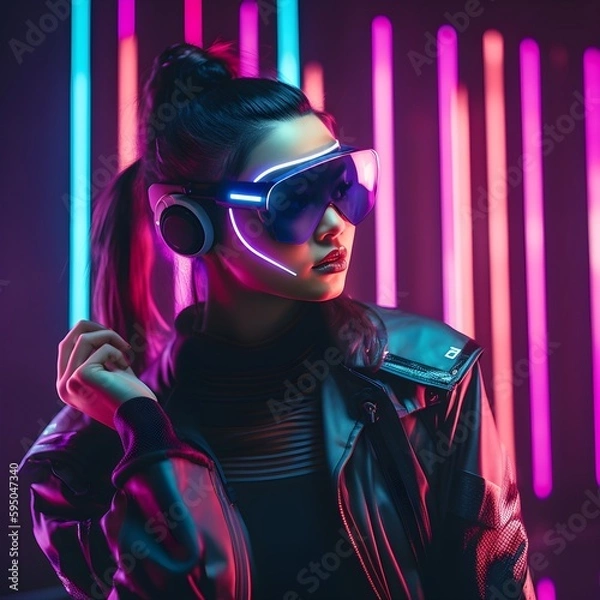 Fototapeta Embark on a mind-bending journey as a female person dons a VR headset, teleporting into a mesmerizing digital world. Neon lights illuminate the backdrop, amplifying the futuristic allure Generative AI