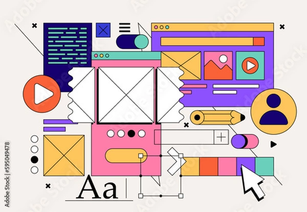Fototapeta Web or App development concept with UI UX elements collage for web banner op poster. Vector illustration