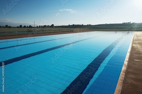 Obraz Clean and appetizing blue swimming pool ready to dive in a urbanization. Generative AI