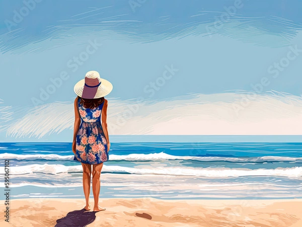 Fototapeta Girl At The Beach Looking At The Ocean In A Painted Style Generative AI