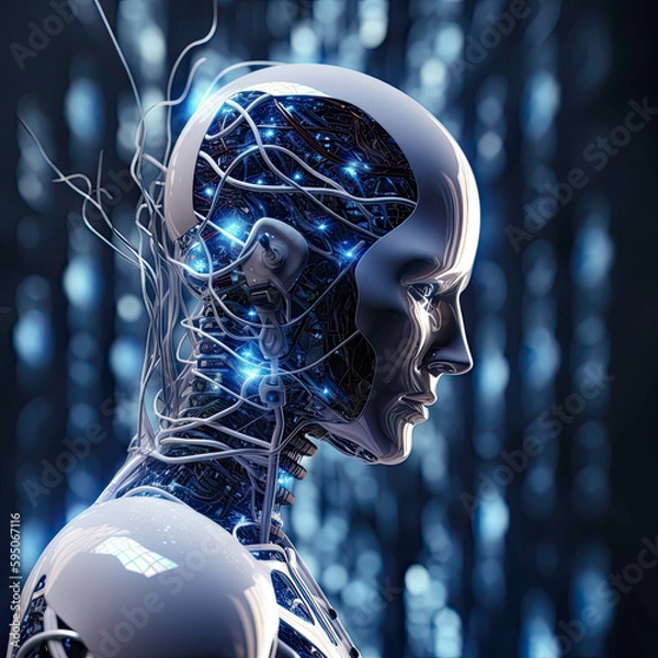 Fototapeta Humanoid Robot Embedded In An Neuronal Network View From the Side Generative AI