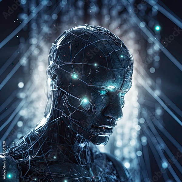 Fototapeta Scary Humanoid Robot Connected To Neuronal Network In Cyberspace Generative AI