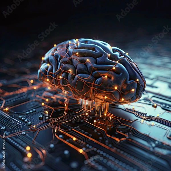 Fototapeta Artificial Intelligence Brain Embedded In A Neuronal Network Cyberspace Generative AI