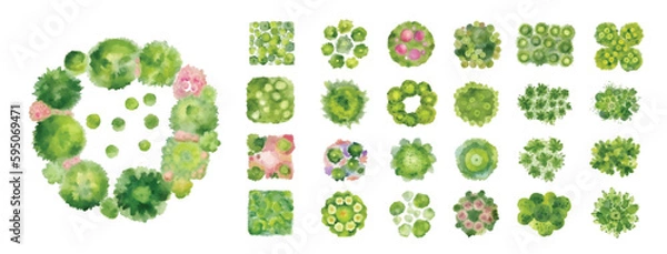 Obraz Flowers and flower beds. Top view. Collection of different plants, trees and bushes for architectural and landscape design. Vector illustration set. View from above. Nature green spaces.