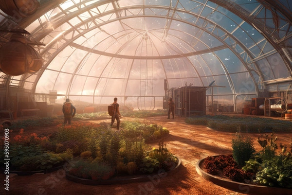 Obraz Martian Farmers Tending to Crops in a Glass Dome. Generative Ai