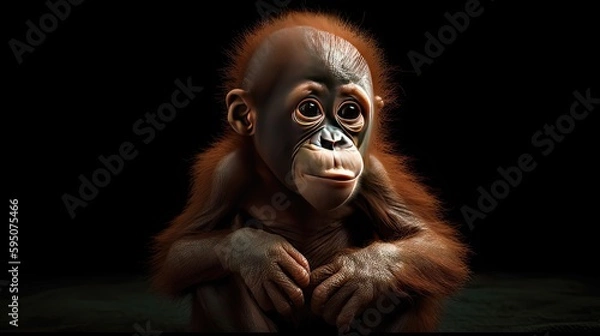 Fototapeta Wallpaper of a cute baby orangutan close-up. Created with generative Ai technology