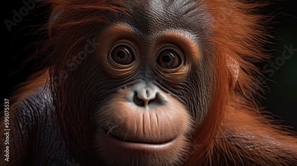 Fototapeta Wallpaper of a cute baby orangutan close-up. Created with generative Ai technology